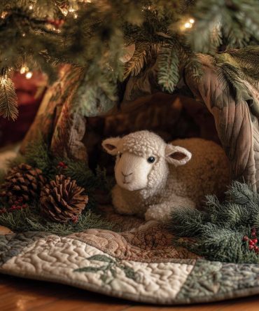 White Lamb Resting By Pinecones Holiday Tree Skirt — Custom Made-To-Order Plush Base For Charming Seasonal Decor