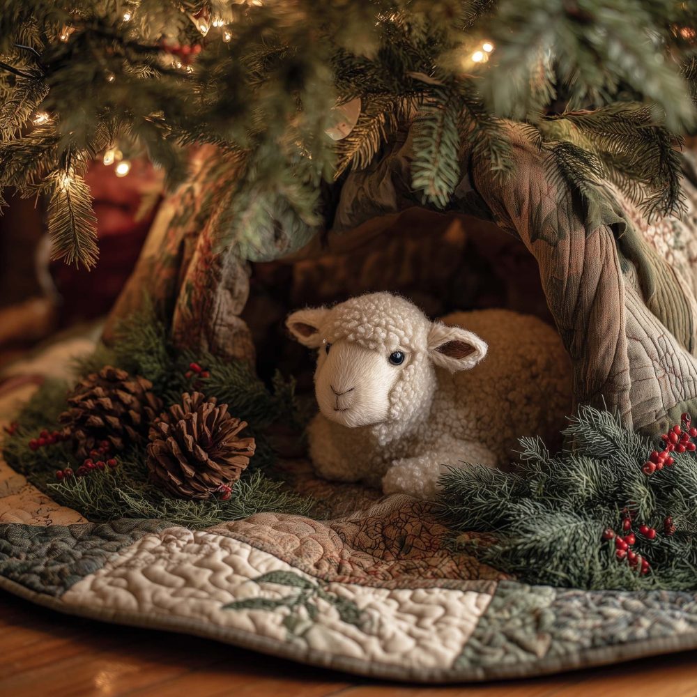 White Lamb Resting By Pinecones Holiday Tree Skirt — Custom Made-To-Order Plush Base For Charming Seasonal Decor