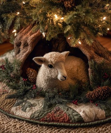 Brown Lamb Under Pine Boughs Holiday Tree Skirt — Made-To-Order Plush Skirt For Warm, Rustic Christmas Styling