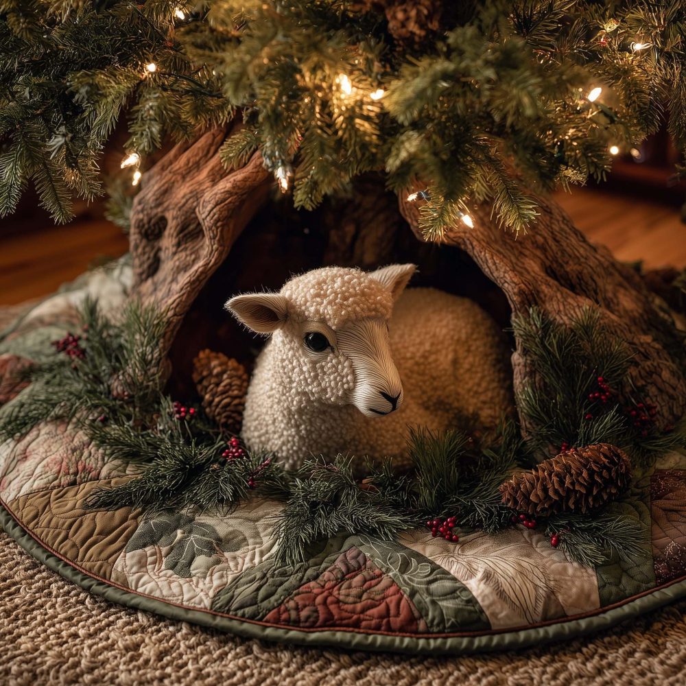 Brown Lamb Under Pine Boughs Holiday Tree Skirt — Made-To-Order Plush Skirt For Warm, Rustic Christmas Styling