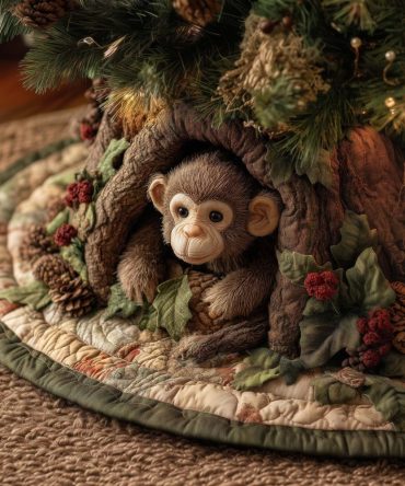Baby Monkey With Red Berries Holiday Tree Skirt — Custom Made-To-Order Plush Skirt For Festive Tree Styling