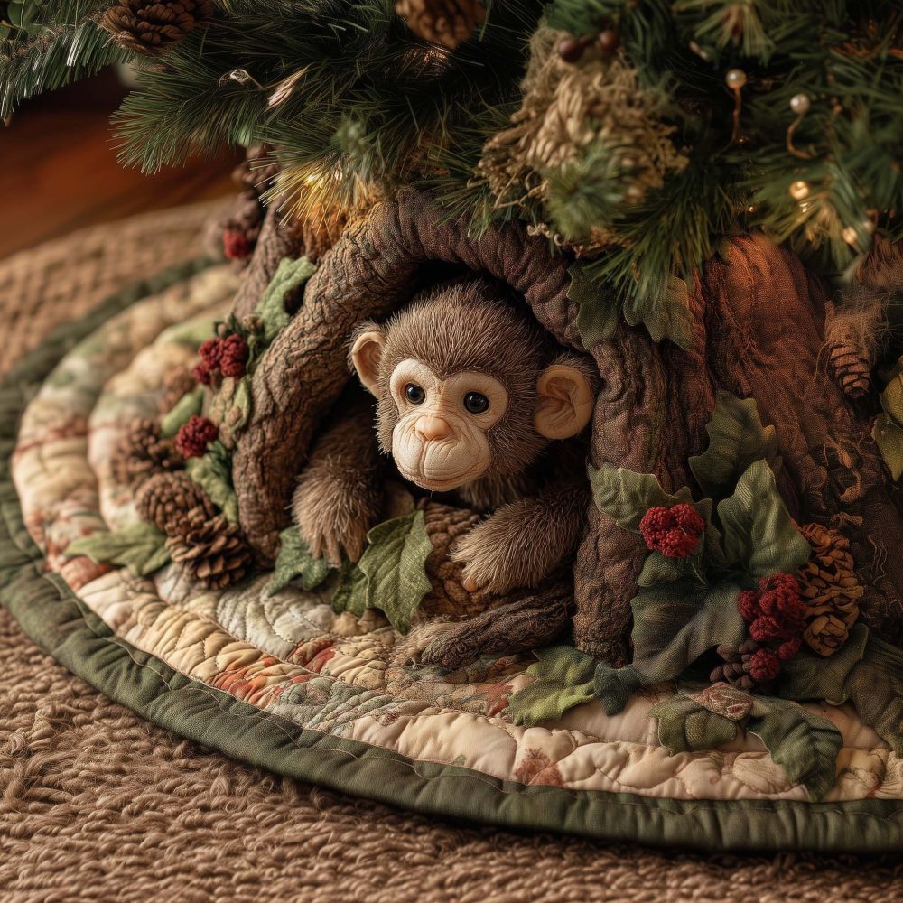 Baby Monkey With Red Berries Holiday Tree Skirt — Custom Made-To-Order Plush Skirt For Festive Tree Styling