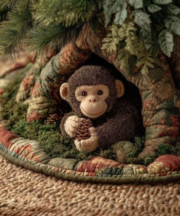 Baby Monkey Holding Pinecone Holiday Tree Skirt — Custom Made-To-Order Soft Plush Skirt For Christmas Tree Base
