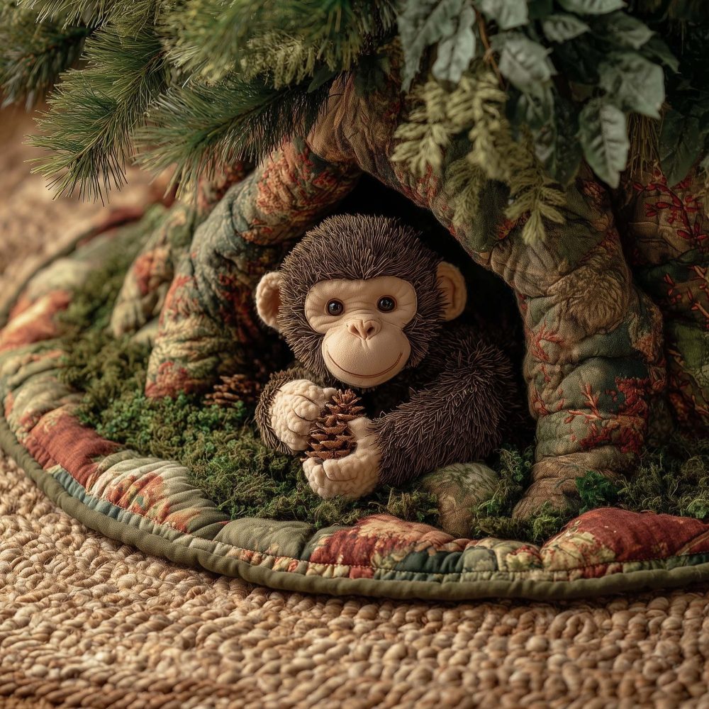 Baby Monkey Holding Pinecone Holiday Tree Skirt — Custom Made-To-Order Soft Plush Skirt For Christmas Tree Base
