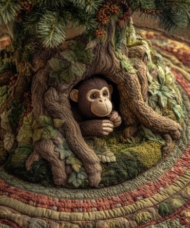 Playful Monkey In Green Tree Branches Holiday Tree Skirt — Made-To-Order Plush Base For Festive Jungle-Themed Decor