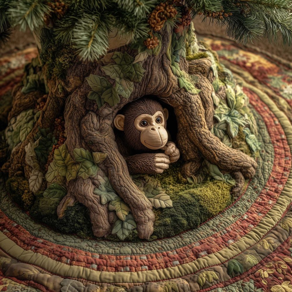 Playful Monkey In Green Tree Branches Holiday Tree Skirt — Made-To-Order Plush Base For Festive Jungle-Themed Decor