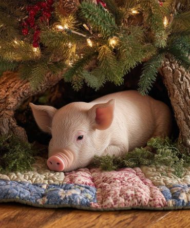 Pig Resting In Tree Hollow Holiday Tree Skirt — Made-To-Order Plush Base For Cozy Farmhouse Christmas Decor