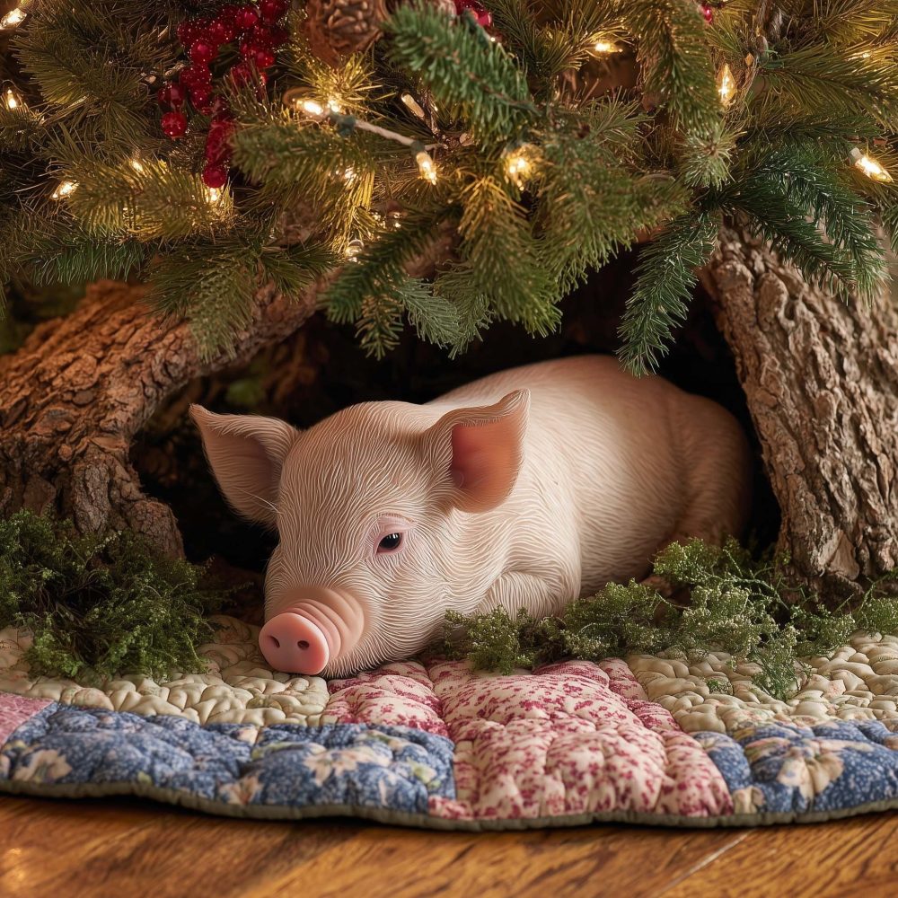 Pig Resting In Tree Hollow Holiday Tree Skirt — Made-To-Order Plush Base For Cozy Farmhouse Christmas Decor