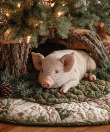 Adorable Pig In Hollow With Pine Boughs Holiday Tree Skirt — Made-To-Order Plush Tree Base For Rustic Christmas