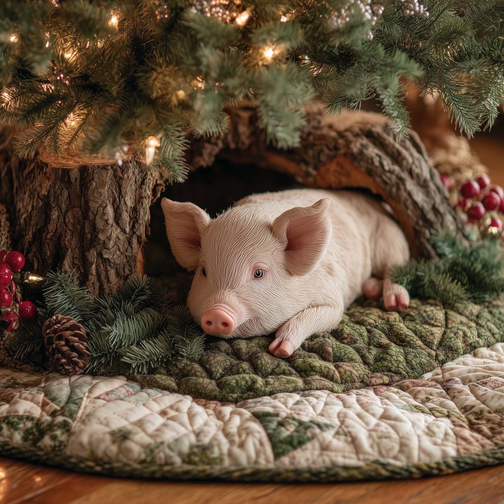 Adorable Pig In Hollow With Pine Boughs Holiday Tree Skirt — Made-To-Order Plush Tree Base For Rustic Christmas