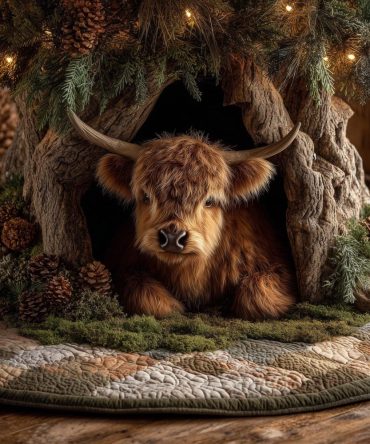 Dark Highland Cow Holiday Tree Skirt On Rustic Log Design — Made-To-Order Plush Skirt For Christmas Base Décor