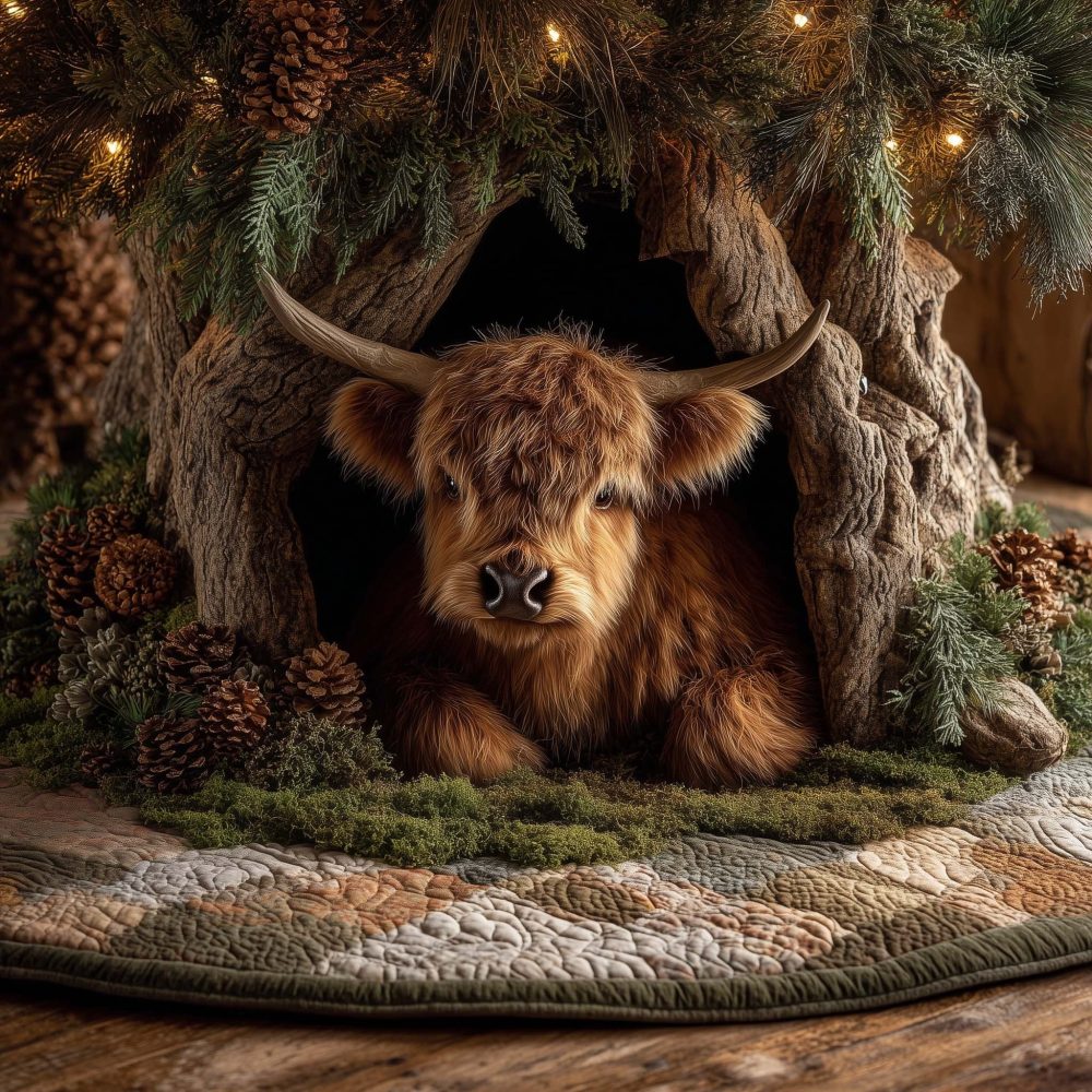 Dark Highland Cow Holiday Tree Skirt On Rustic Log Design — Made-To-Order Plush Skirt For Christmas Base Décor