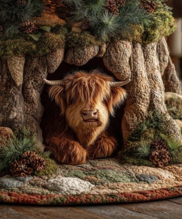 Highland Cow In Tree Hollow Holiday Tree Skirt — Custom Made-To-Order Plush Base For Festive Farmhouse Decor