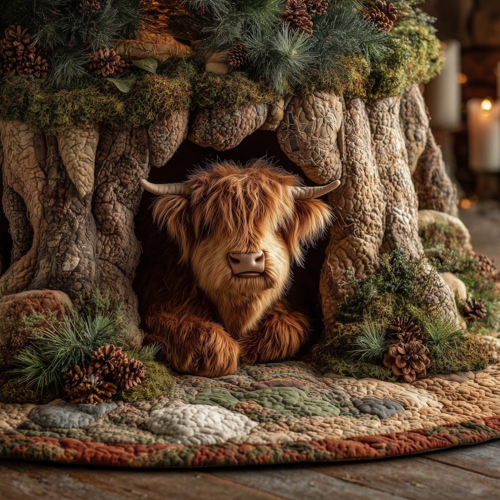 Highland Cow In Tree Hollow Holiday Tree Skirt — Custom Made-To-Order Plush Base For Festive Farmhouse Decor