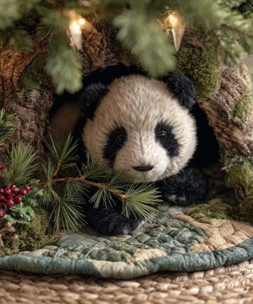 Panda Cub Christmas Tree Skirt — Tree Hollow Illustration On Ivory Quilt, Custom-Made Holiday Decor Ideal For Nursery & Gifts