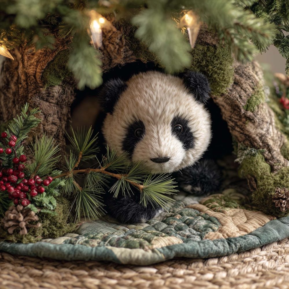 Panda Cub Christmas Tree Skirt — Tree Hollow Illustration On Ivory Quilt, Custom-Made Holiday Decor Ideal For Nursery & Gifts