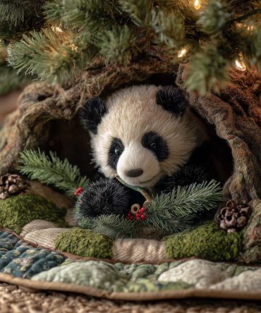 Custom Panda Cub Holiday Tree Skirt With Pine Branch Art — Made-To-Order Soft Plush Base For Christmas Tree Decor