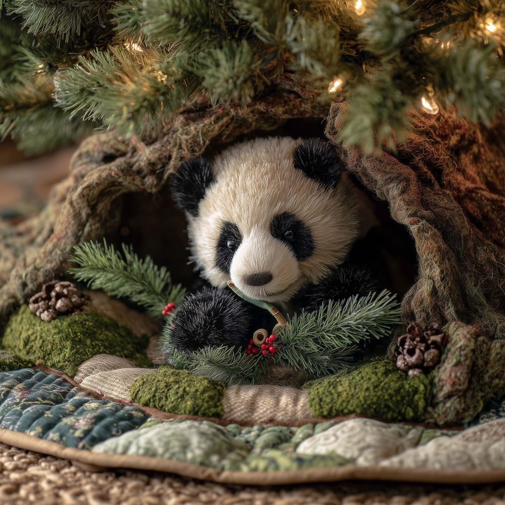Custom Panda Cub Holiday Tree Skirt With Pine Branch Art — Made-To-Order Soft Plush Base For Christmas Tree Decor
