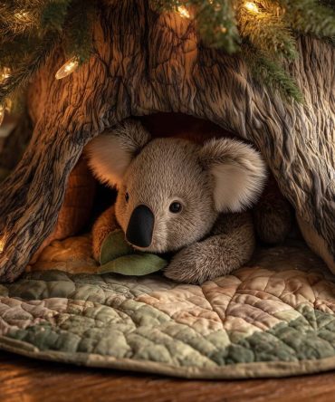 Cozy Koala In Tree Hollow Holiday Tree Skirt — Made-To-Order Plush Base For Christmas Decor, Custom Sizes Available
