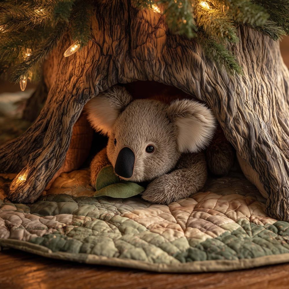 Cozy Koala In Tree Hollow Holiday Tree Skirt — Made-To-Order Plush Base For Christmas Decor, Custom Sizes Available