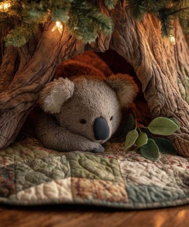 Koala & Eucalyptus Christmas Tree Skirt — Custom-Made Ivory Holiday Quilt, Charming Australian Animal Theme For Home Decor