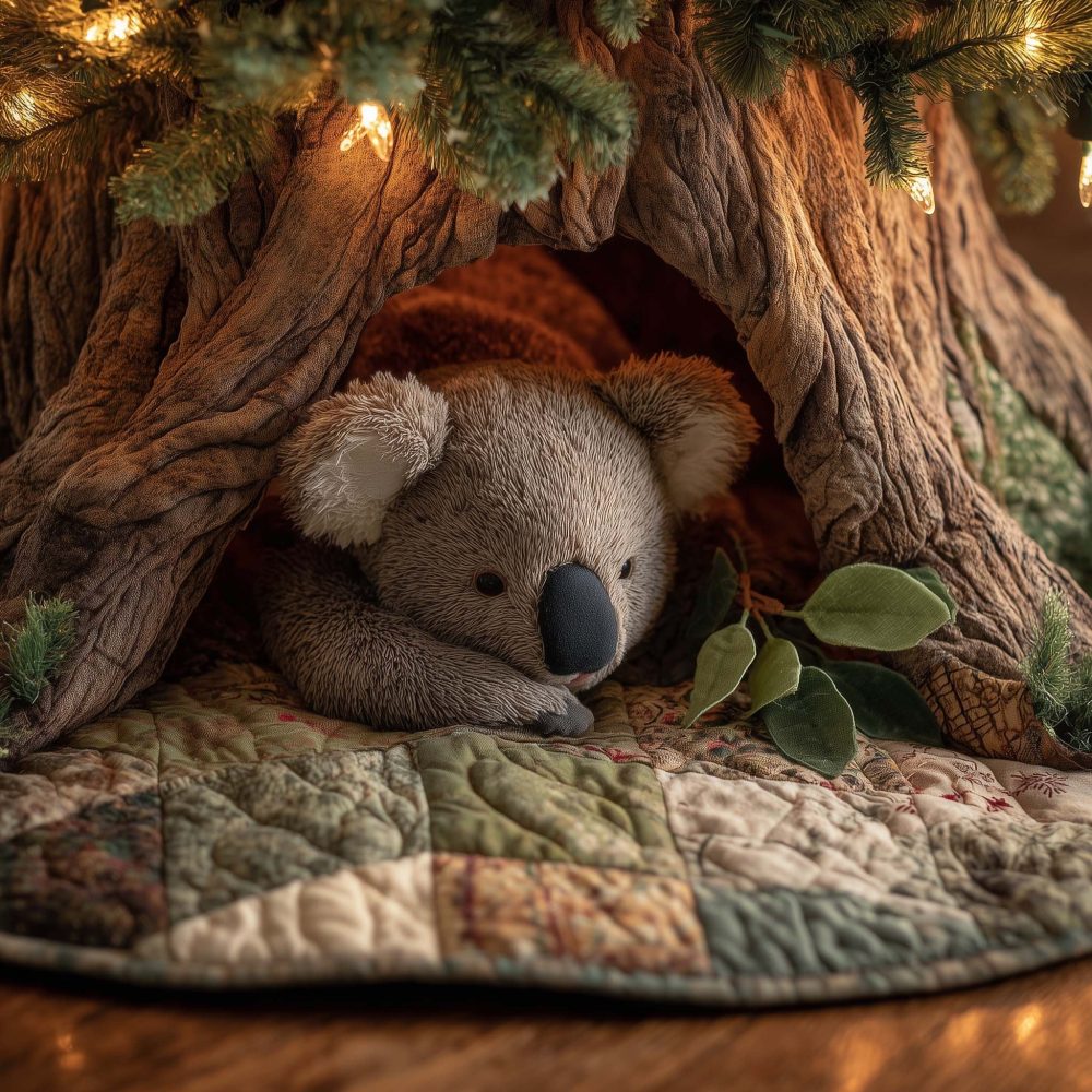 Koala & Eucalyptus Christmas Tree Skirt — Custom-Made Ivory Holiday Quilt, Charming Australian Animal Theme For Home Decor