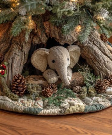 Green Quilted Christmas Tree Skirt With Baby Elephant & Pinecones — Custom-Made Holiday Floor Cover, Perfect Nursery Or Gift