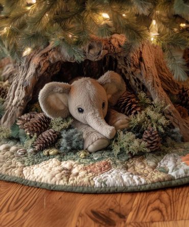Ivory Quilted Christmas Tree Skirt With Baby Elephant & Pinecone Motif — Handmade, Custom Holiday Nursery Or Family Decor