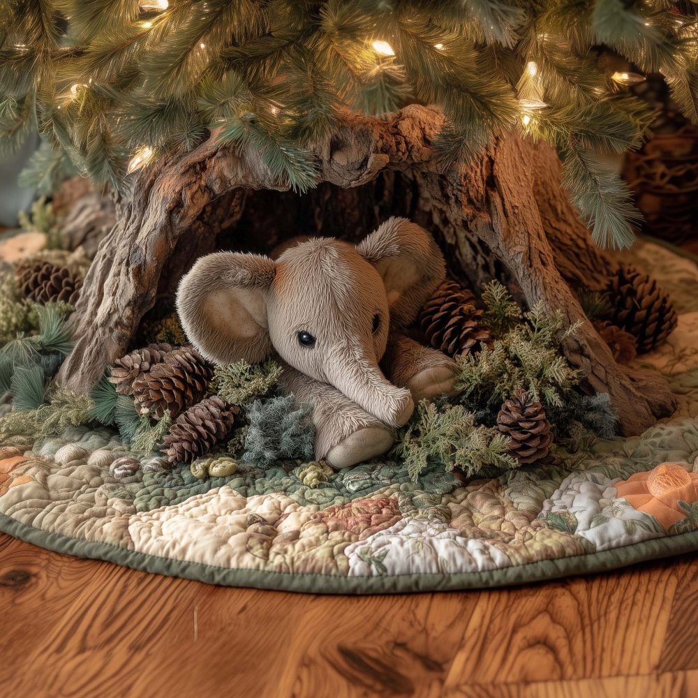 Ivory Quilted Christmas Tree Skirt With Baby Elephant & Pinecone Motif — Handmade, Custom Holiday Nursery Or Family Decor