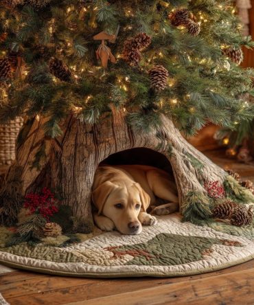 Sleeping Golden Retriever Puppy Christmas Tree Skirt — Tree Hollow Illustration, Custom-Made Cozy Holiday Floor Accent