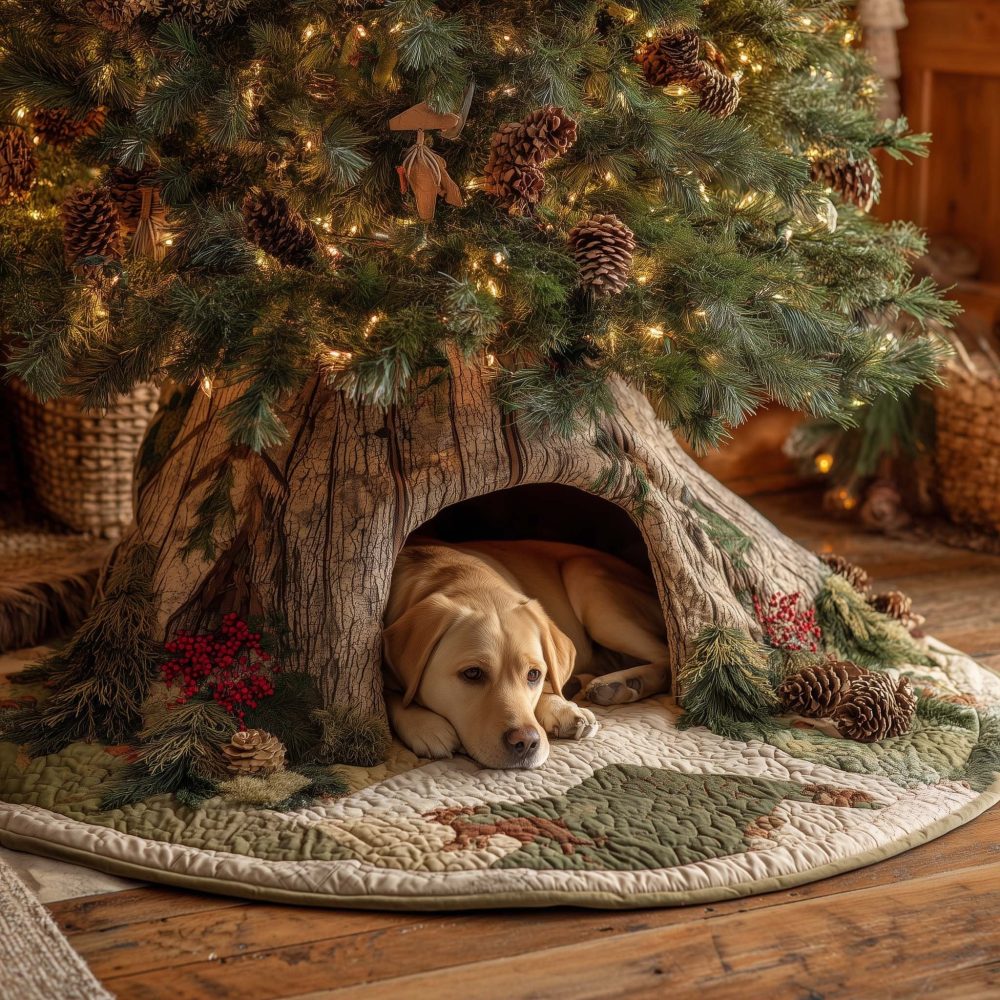 Sleeping Golden Retriever Puppy Christmas Tree Skirt — Tree Hollow Illustration, Custom-Made Cozy Holiday Floor Accent