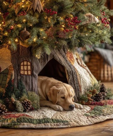 Yellow Labrador Christmas Tree Skirt — Log Cabin Sleep Scene, Made-To-Order Holiday Mat For Dog Lovers & Rustic Decor