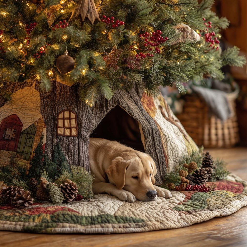 Yellow Labrador Christmas Tree Skirt — Log Cabin Sleep Scene, Made-To-Order Holiday Mat For Dog Lovers & Rustic Decor