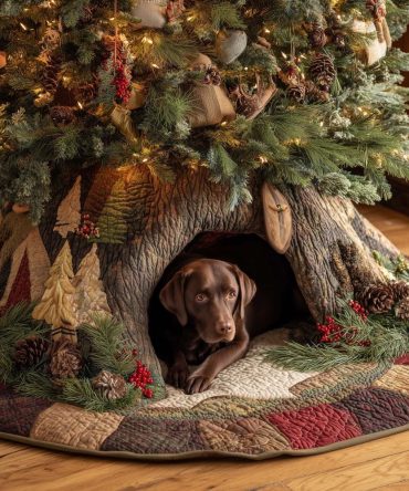 Chocolate Labrador Christmas Tree Skirt — Tree Den Scene, Custom-Made Holiday Mat Perfect For Dog-Themed Seasonal Decor