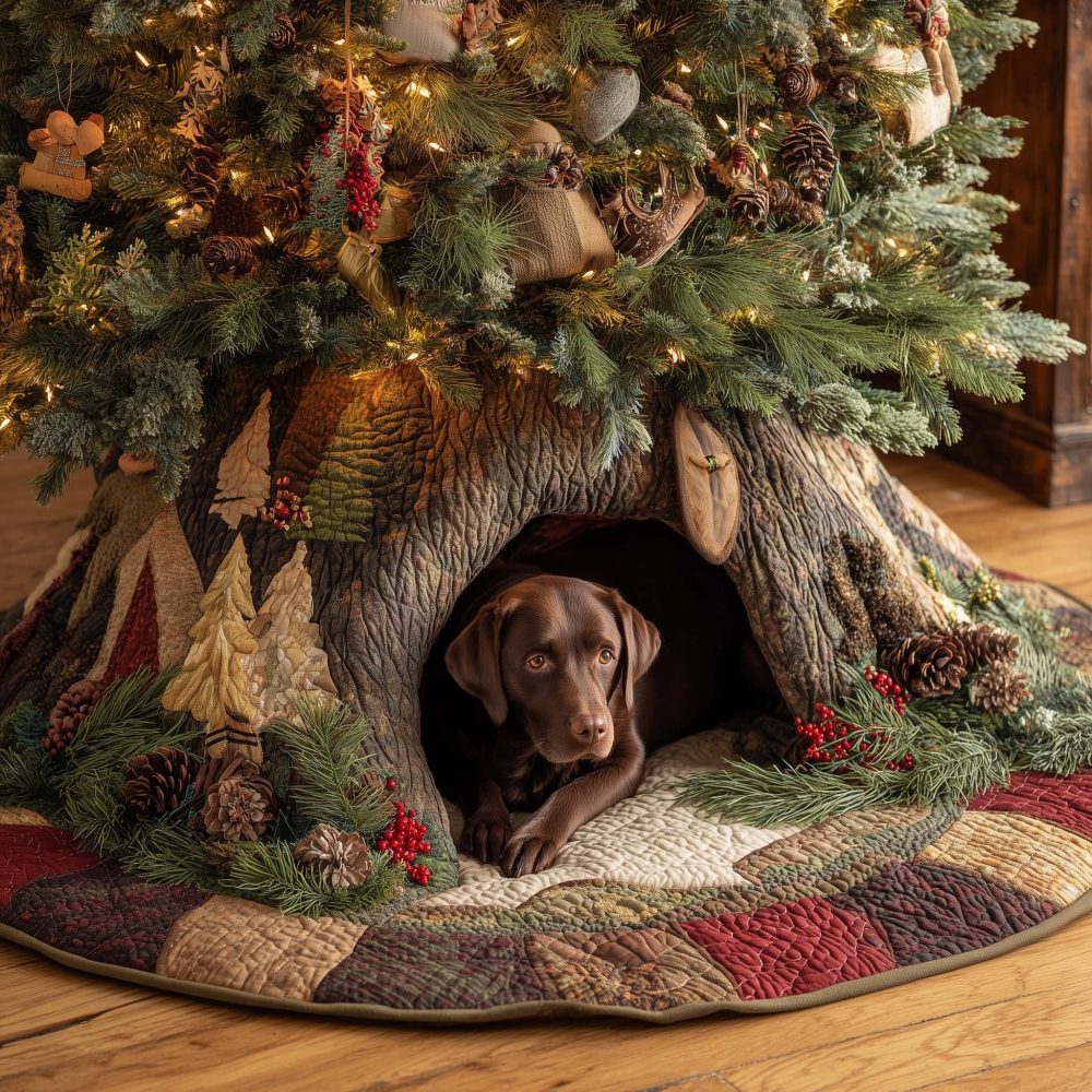 Chocolate Labrador Christmas Tree Skirt — Tree Den Scene, Custom-Made Holiday Mat Perfect For Dog-Themed Seasonal Decor