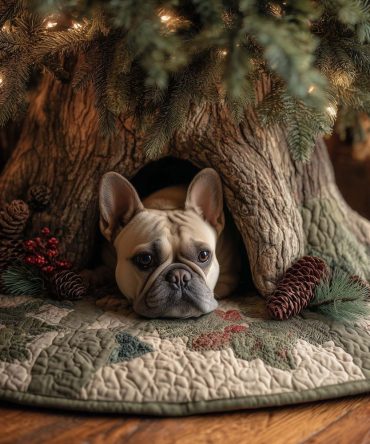 French Bulldog In Tree Hollow Christmas Tree Skirt - Custom Made Whimsical Holiday Collar For Frenchie Lovers