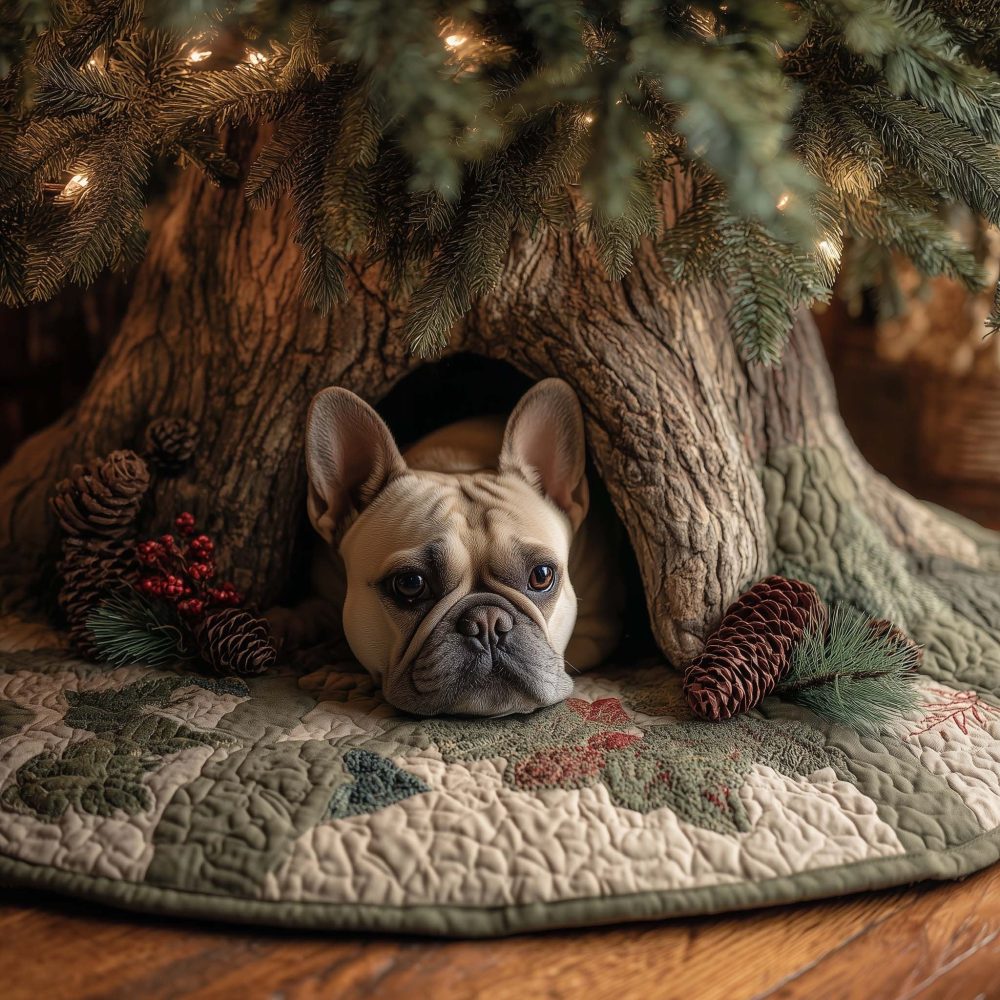 French Bulldog In Tree Hollow Christmas Tree Skirt - Custom Made Whimsical Holiday Collar For Frenchie Lovers