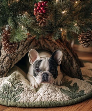 Handmade Black & White French Bulldog Christmas Tree Skirt — Cream Background, Custom-Made Holiday Accent For Pet Parents