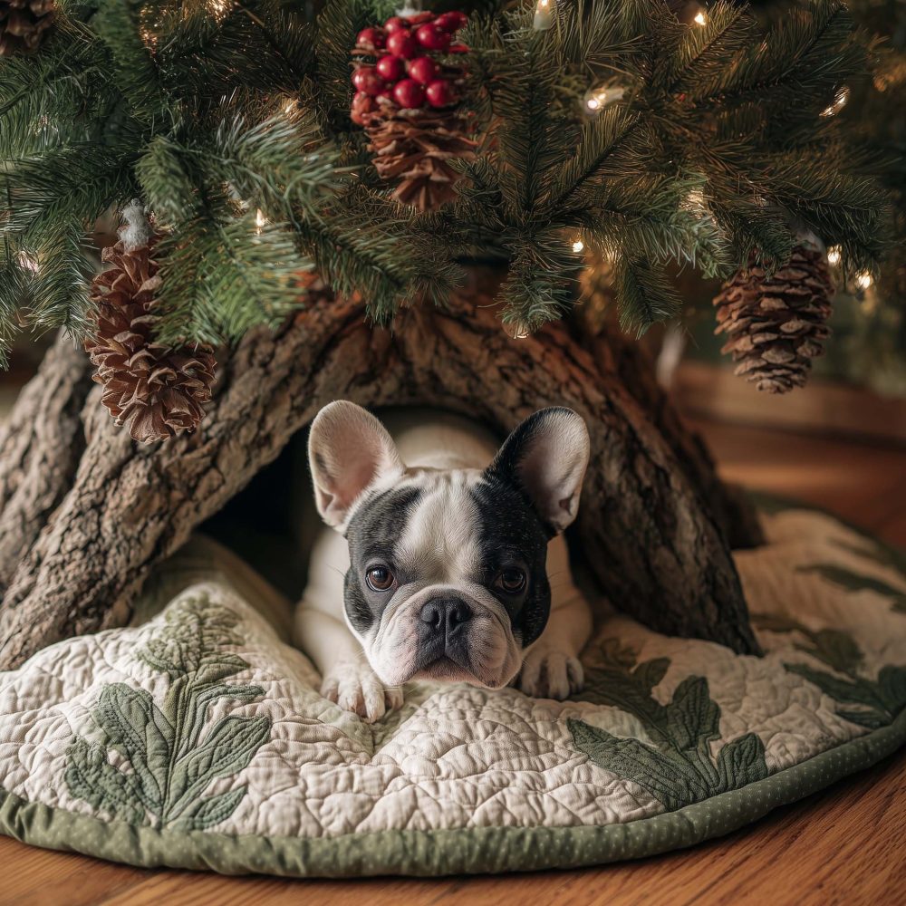 Handmade Black & White French Bulldog Christmas Tree Skirt — Cream Background, Custom-Made Holiday Accent For Pet Parents