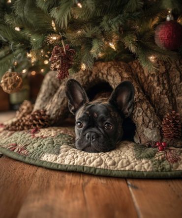Black French Bulldog With Pinecones Christmas Tree Skirt - Custom Made Rustic Holiday Collar For Frenchie Fans