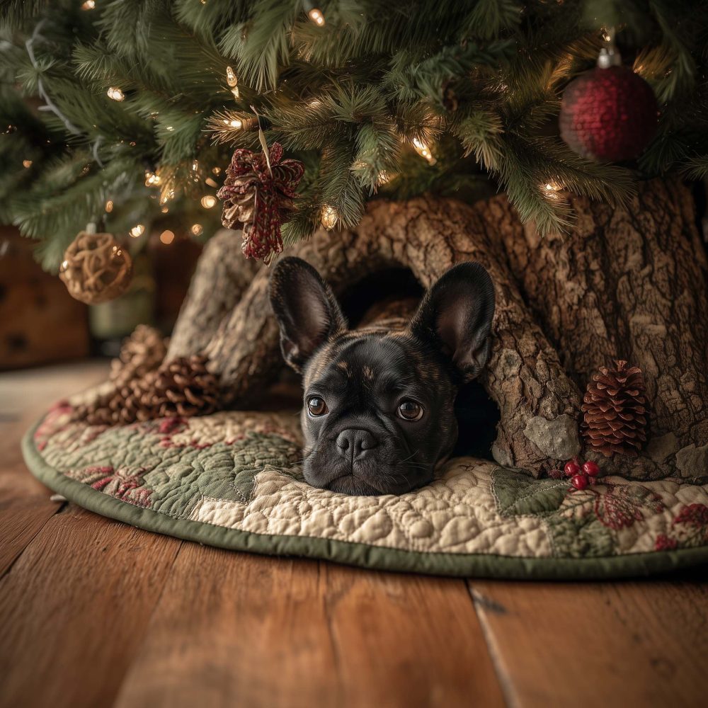 Black French Bulldog With Pinecones Christmas Tree Skirt - Custom Made Rustic Holiday Collar For Frenchie Fans