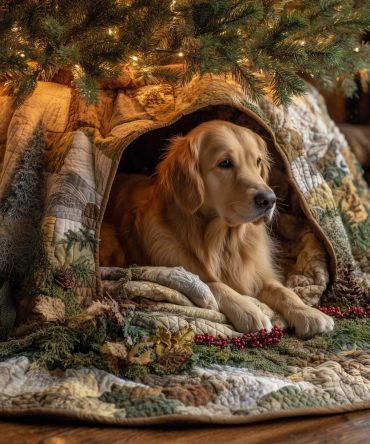 Custom Golden Retriever Christmas Tree Skirt — Log Den Illustration, Premium Made-To-Order Holiday Decor