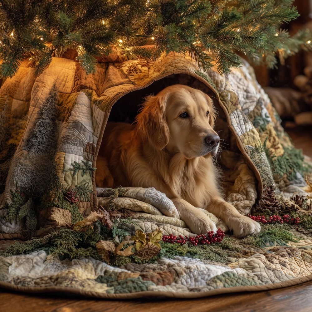 Custom Golden Retriever Christmas Tree Skirt — Log Den Illustration, Premium Made-To-Order Holiday Decor
