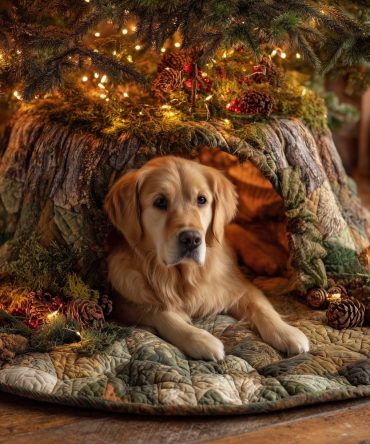 Golden Retriever On Woodland Quilt Christmas Tree Skirt - Custom Made Cozy Rustic Holiday Tree Collar