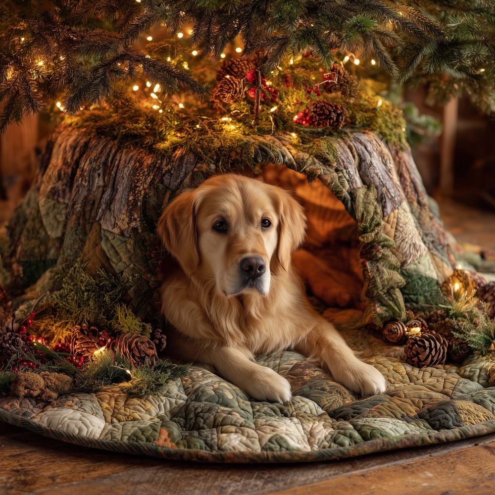 Golden Retriever On Woodland Quilt Christmas Tree Skirt - Custom Made Cozy Rustic Holiday Tree Collar