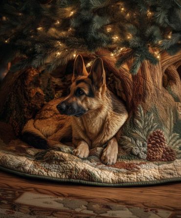 German Shepherd In Log Den Christmas Tree Skirt - Custom Made Rustic Holiday Tree Collar, Breed Lover Décor