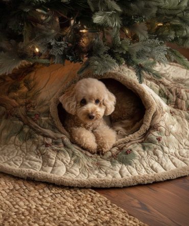 Apricot Poodle On Cream Quilt Christmas Tree Skirt - Custom Made Quilted Holiday Tree Collar For Dog Lovers
