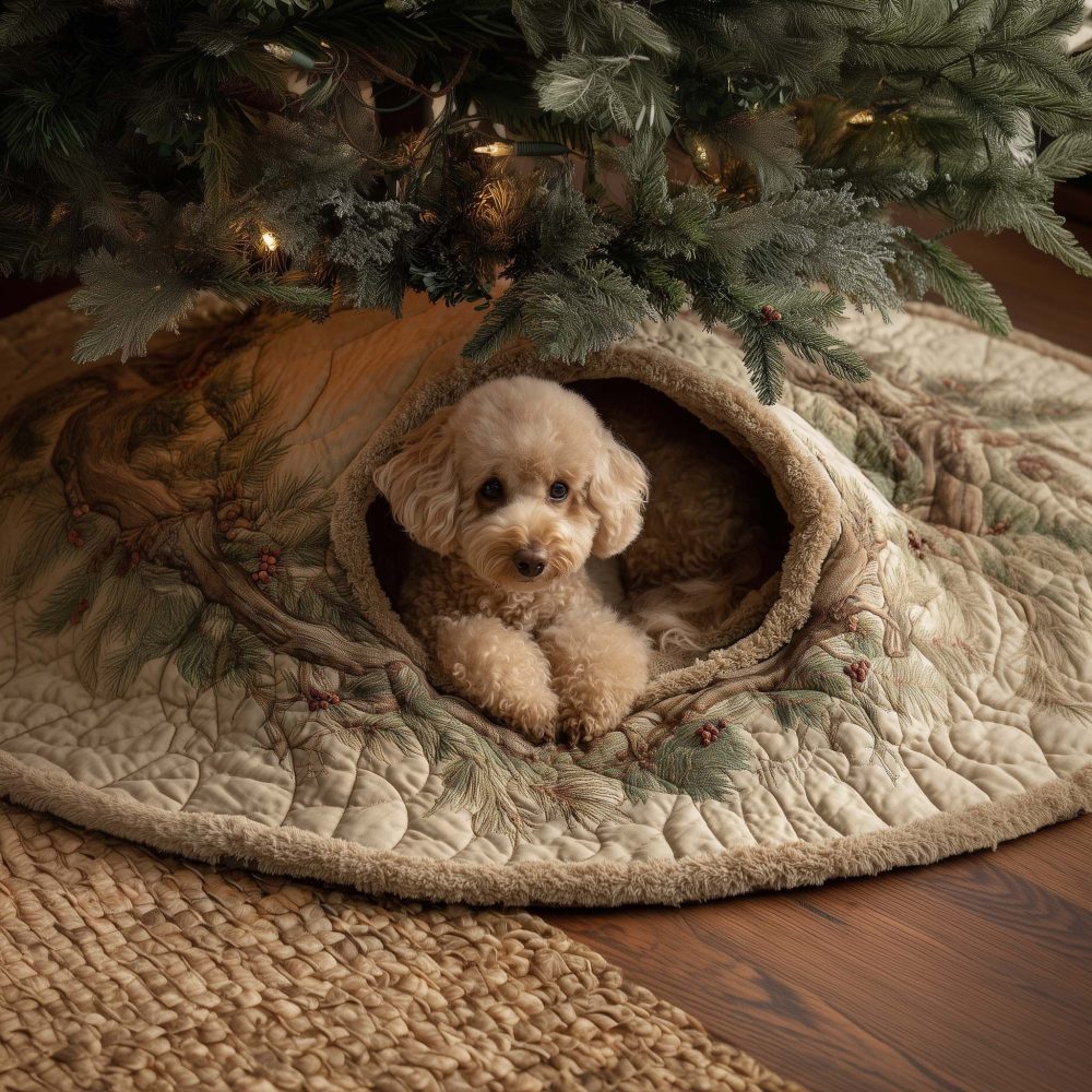 Apricot Poodle On Cream Quilt Christmas Tree Skirt - Custom Made Quilted Holiday Tree Collar For Dog Lovers