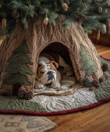 Bulldog In The Tree Den Quilted Christmas Skirt - Made-To-Order Pet Themed Holiday Décor For Bulldog Fans
