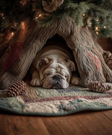 Handcrafted Quilted Tree Skirt With Sleeping Bulldog In A Hollow - Custom Christmas Décor, Made-To-Order
